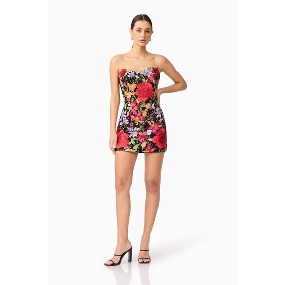 ELLIATT Talia Strapless Maxi Dress Black Floral Wedding Guest Dinner Size S NWT - Picture 5 of 8